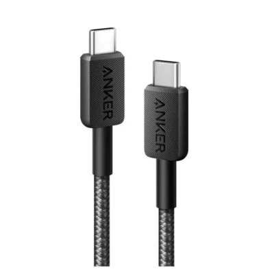 Black Anker 322 USB-C to USB-C braided cable connectors on white background