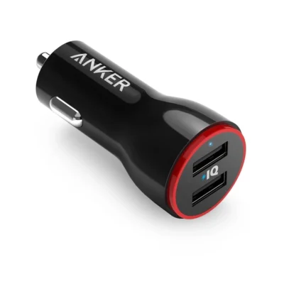 Anker PowerDrive 2 — complete Black 24W car charger with two USB-A ports and red ring