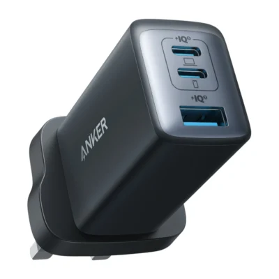 Complete Black Anker PowerPort III 3-Port 65W Nano II charger with UK plug