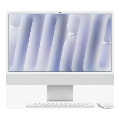 Front view of silver iMac with color-matching mouse and keyboard