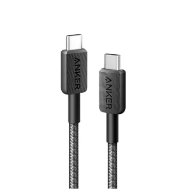 Black Anker 310 USB-C to USB-C Cable (3ft, 240W, Braided) connectors and cable on white background