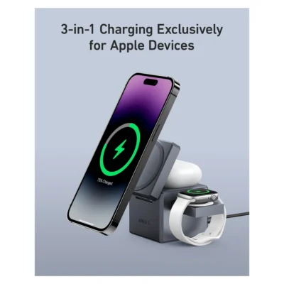 Complete Anker 3-in-1 Cube charging an iPhone, Apple Watch and AirPods case