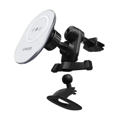Anker PowerWave Magnetic Car Charging Mount — complete Black and White mount with vent clip and adhesive base