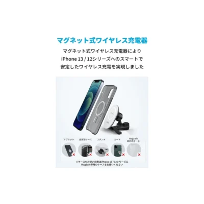 Anker PowerWave Magnetic Car Charging Mount — complete mount with illustrated compatible phone and MagSafe case