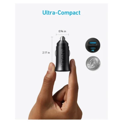 Complete Anker PowerDrive car charger with manufacturer dimension guide