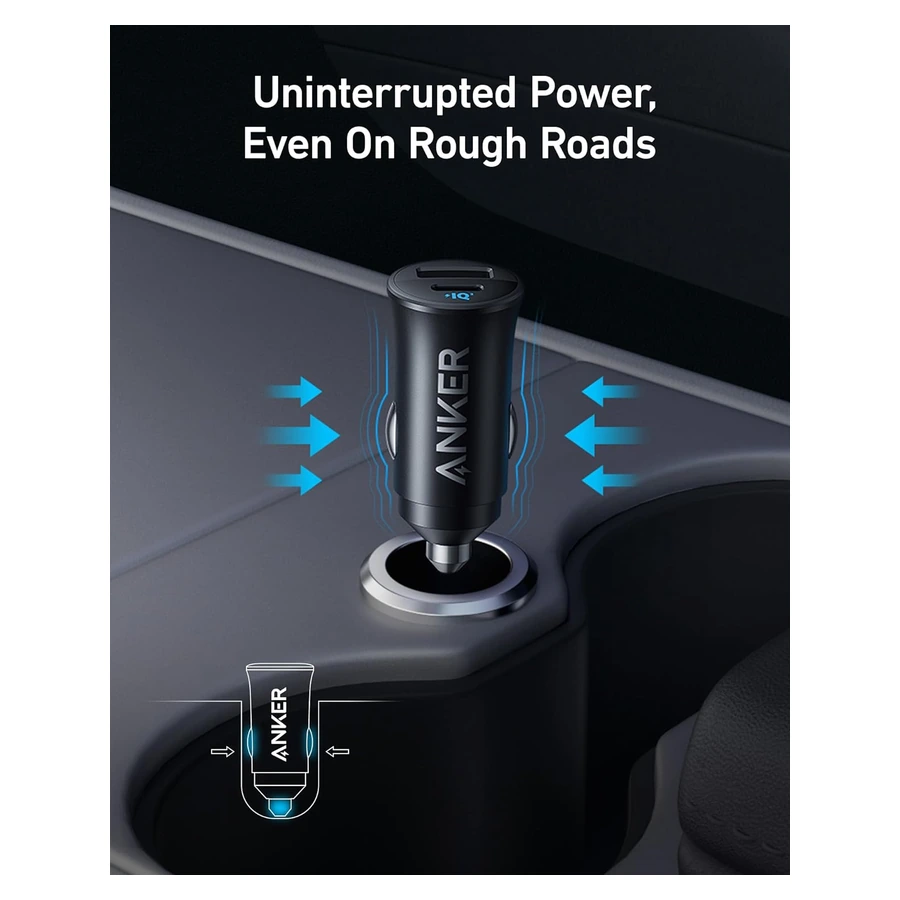 Complete Anker PowerDrive charger above a vehicle accessory socket
