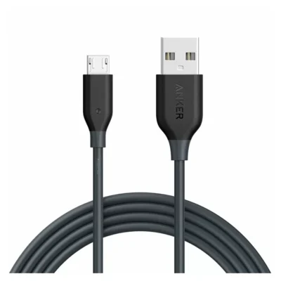 Black Anker PowerLine USB-A to Micro USB Cable (6ft) connectors and cable on white background