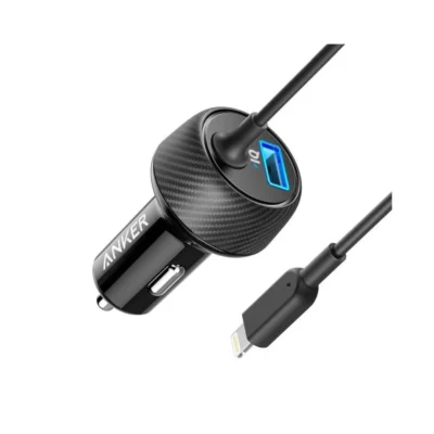 Black Anker PowerDrive 2 Elite car charger with attached Lightning connector on white background