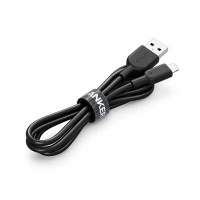 Complete Black Anker PowerLine II USB-A to Lightning cable and cable tie on white background