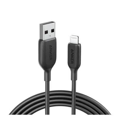 Black Anker PowerLine III USB-A to Lightning Cable (6ft) connectors and cable on white background