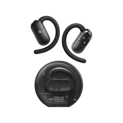 Complete Black Soundcore V40i earbuds with transparent charging case