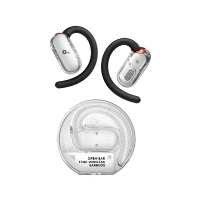 Complete White Soundcore V40i earbuds with transparent charging case