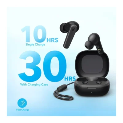 Soundcore P25i — complete Black playtime illustration earbuds and case