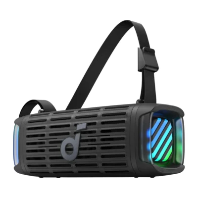 Complete Black Soundcore Boom 3i speaker with adjustable shoulder strap