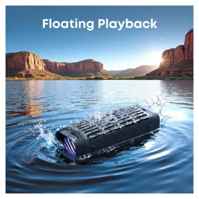 Complete Black Soundcore Boom 3i floating with its drivers above the water