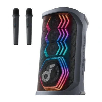 Complete Soundcore Rave 3S speaker and both included wireless microphones
