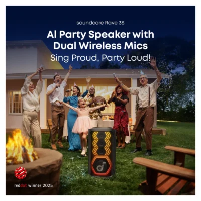 Complete Soundcore Rave 3S speaker used at an outdoor karaoke gathering