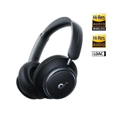 Complete Black Soundcore Space Q45 headphones with official Hi-Res Audio and LDAC badges