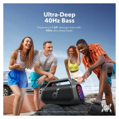 Soundcore Boom 2 Plus Phantom Black — complete speaker at an outdoor gathering
