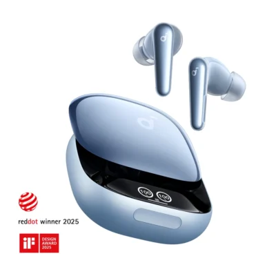 Soundcore Liberty 4 Pro — complete Glossy Light Blue earbuds and charging case