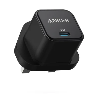 Complete Black Anker PowerPort III 20W Cube charger with UK three-pin plug