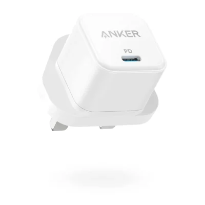 Complete White Anker PowerPort III 20W Cube charger with UK Type G plug and USB-C output