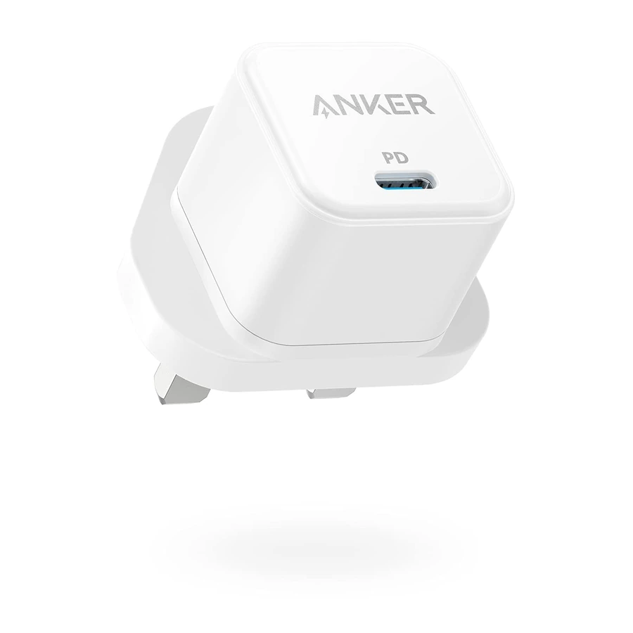 Complete White Anker PowerPort III 20W Cube charger with UK Type G plug and USB-C output