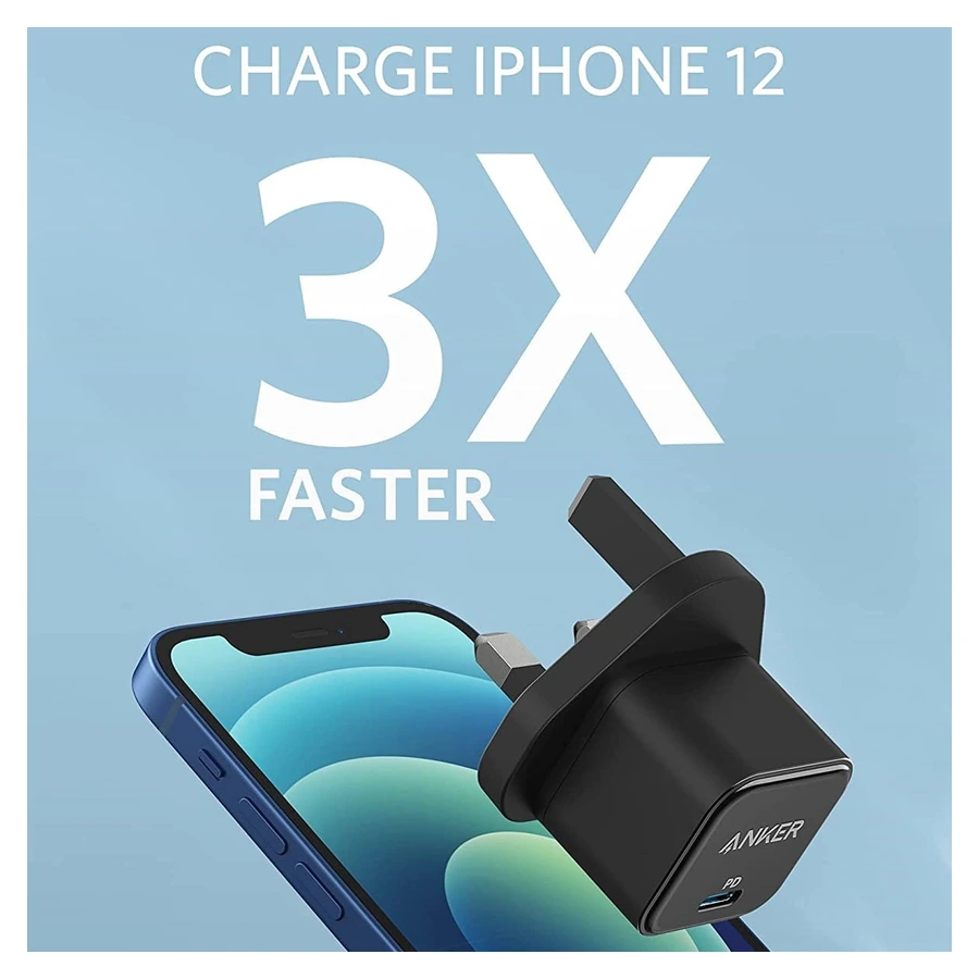 Complete Black Anker PowerPort III 20W Cube charger shown beside a separately supplied phone