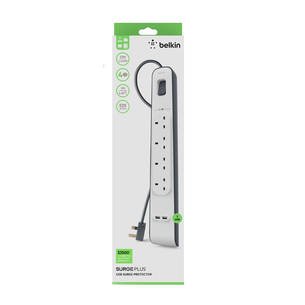Belkin 4-Outlet Surge Protection Strip With 2.4 Amp 2XUSB Charging, 2M Extension
