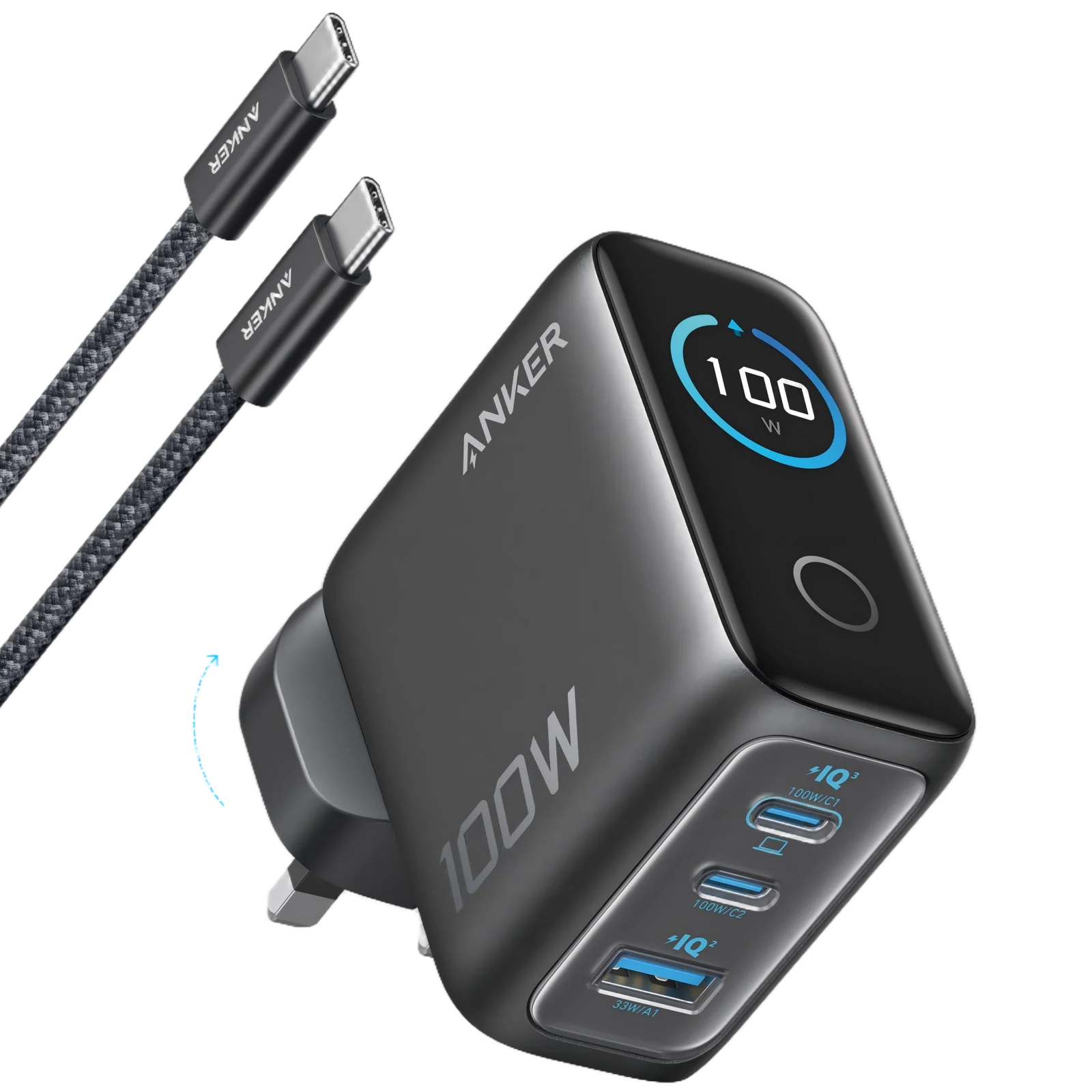 Anker Charger 100W, 3 Ports, Smart Display