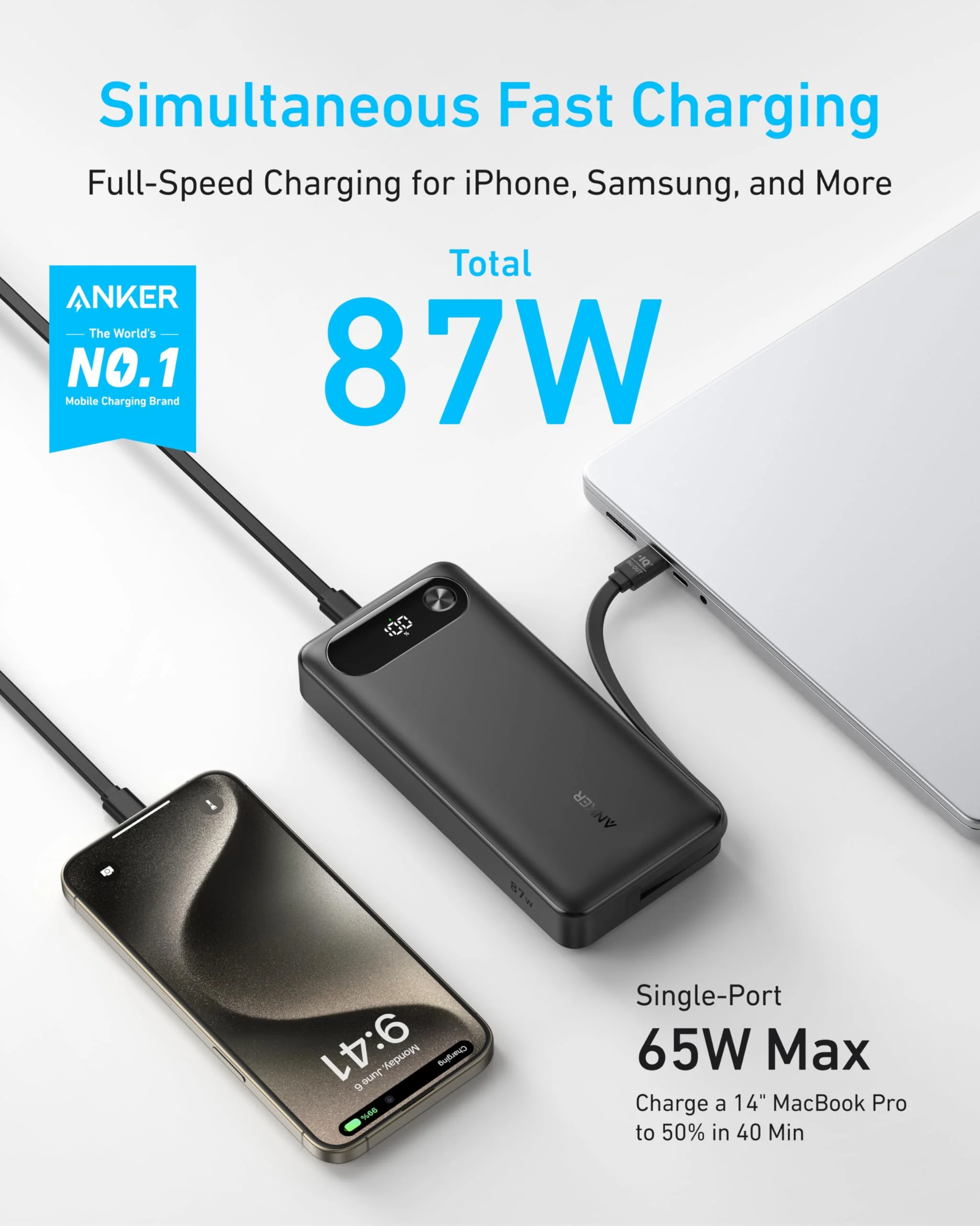 Anker Power Bank 20,000 mAH, 87W, Built-In USB-C Cable - Image 2