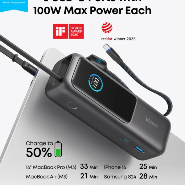 Anker Powerbank 25,000mAH, 165W Built-In and Retractable Cables