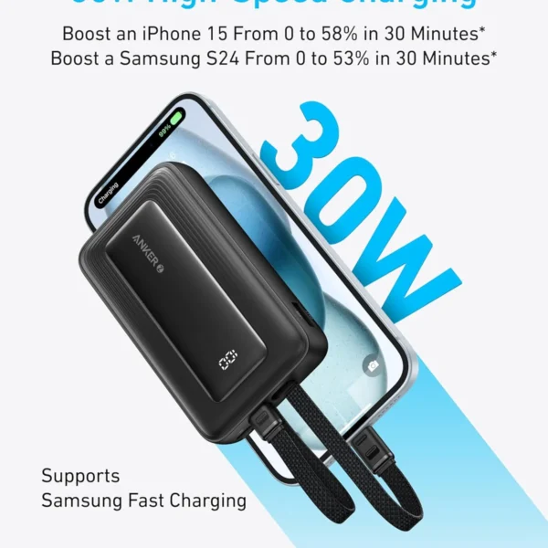 Anker Zolo Power Bank 10,000mAh, 30W Built-In USB-C and Lightning Cable