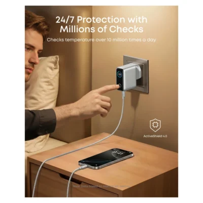 Complete Silver Anker 100W smart display charger in a UK wall socket