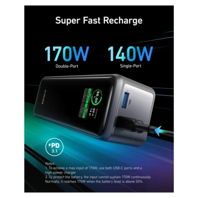 Anker Prime Power Bank 27,650mAh 250W — complete bank illustrating supported USB-C recharge
