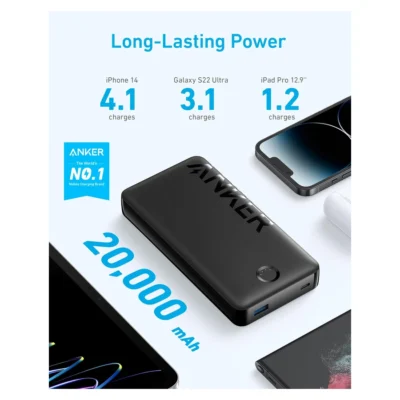 Complete Black Anker 325 PowerCore 20K II showing its20,000mAh capacity