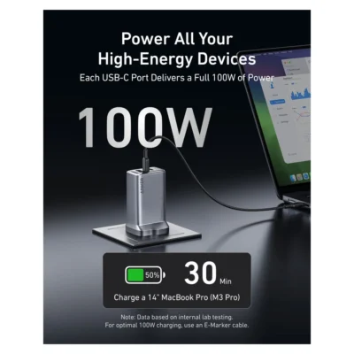 Complete Silver Anker Prime 100W charger powering a compatible laptop