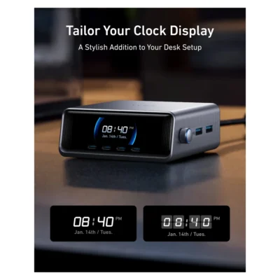 Complete Silver Anker Prime desktop charger with clock display