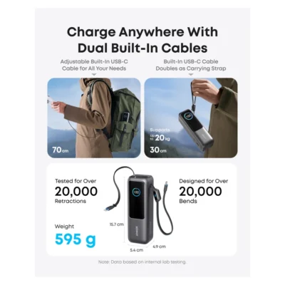 Anker A1695 Space Black — complete product showing both built-in cables