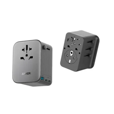 Black Anker A9213 four-in-one travel adapter front and back on white background