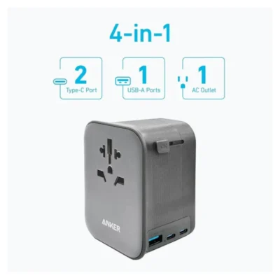 Black Anker A9213 travel adapter showing one AC outlet and three USB charging ports