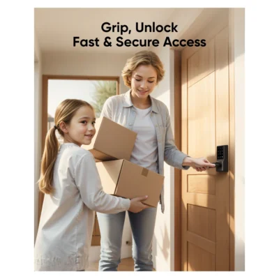Eufy Smart Lever Lock C33 — complete installed exterior lever in use