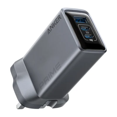 Complete Silver Anker Prime 100W three-port UK charger on white background