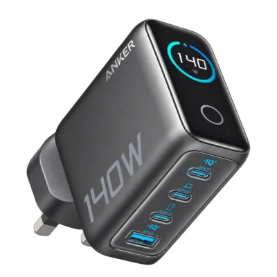Complete Dark Gray Anker 140W four-port UK charger on white background