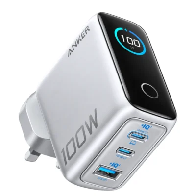Complete Silver Anker 100W three-port smart-display UK charger on white background