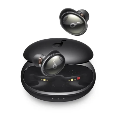 Complete Midnight Black Soundcore Liberty 3 Pro earbuds with matching open charging case