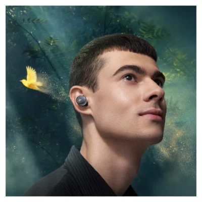 Soundcore Liberty 3 Pro worn with complete Black earbud visible