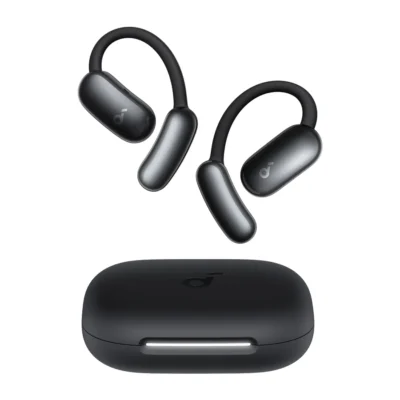 Complete Black Soundcore AeroFit2 AI Assistant earbuds with charging case