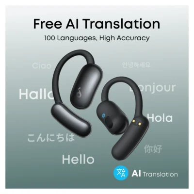 Complete Black AeroFit2 AI Assistant earbuds in official translation illustration