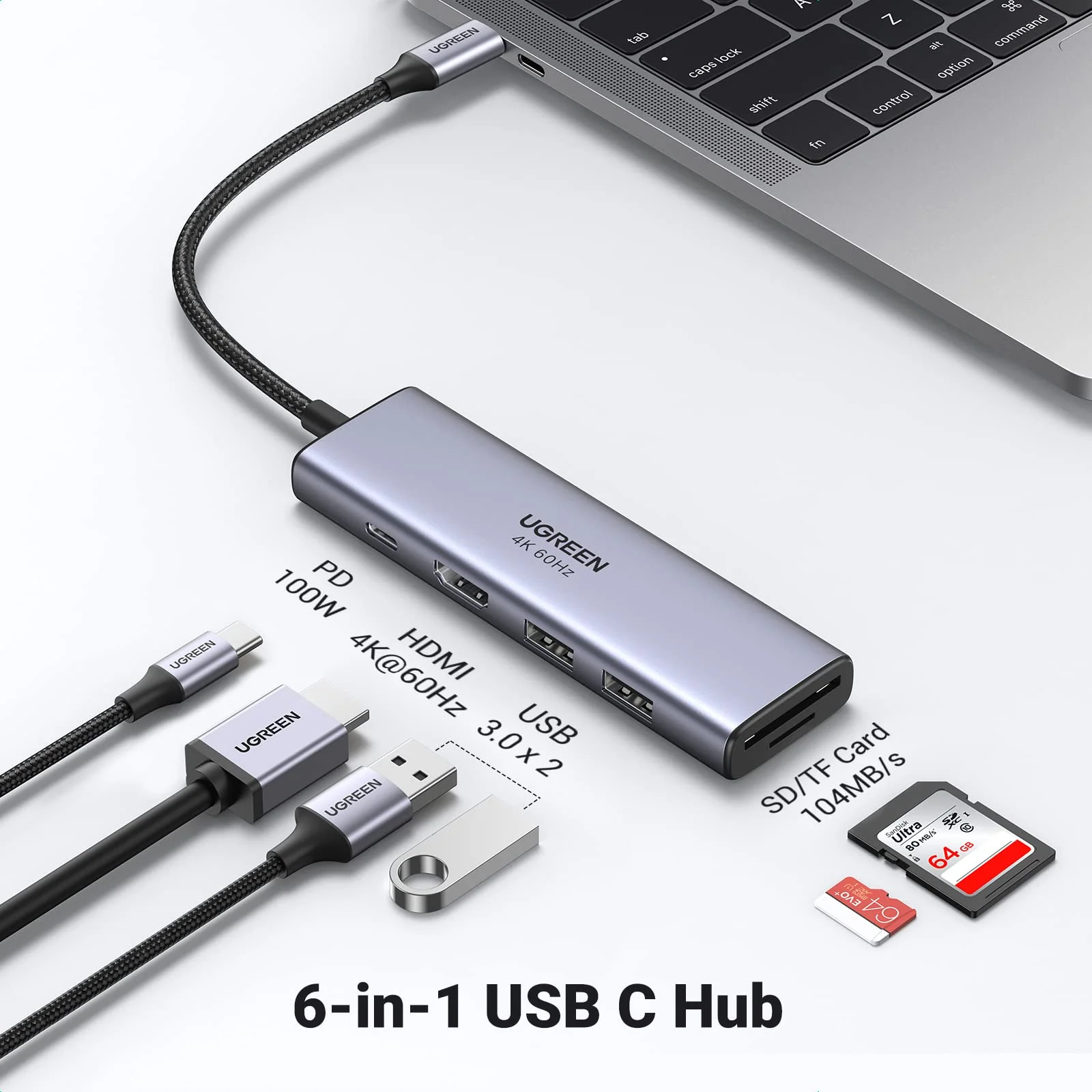 UGREEN 6 in 1 Multifunction Adapter USB-C To 4K HDMI + 3× USB 3.0 + SD/TF Converter (CM511 / UG-60383)